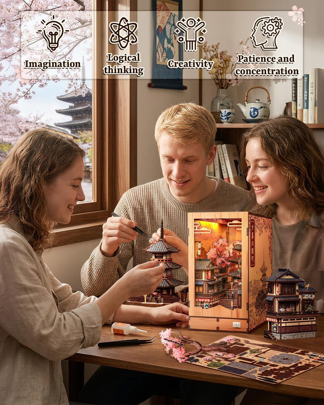 CUTEBEE 3D-Holzmodell Bausatz mit LED-Warmlicht, Japan Kyoto Strasse Bücherregal-Einsatz, Miniaturha