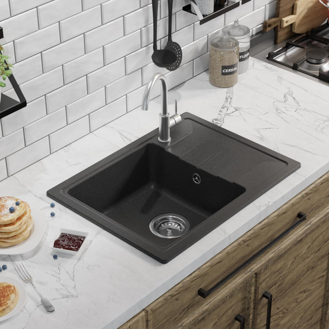GRANMASTER Gracia Granitspüle 1 Becken mit Abtropffläche und Schwammhalter - Küchenspüle 58x44x16,4