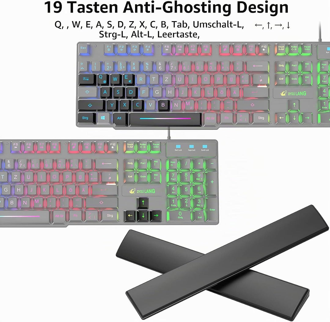 Gaming Tastatur und Maus mit Handballenauflage, QWERTZ Deutsches Layout Regenbogen LED Hintergrundbe