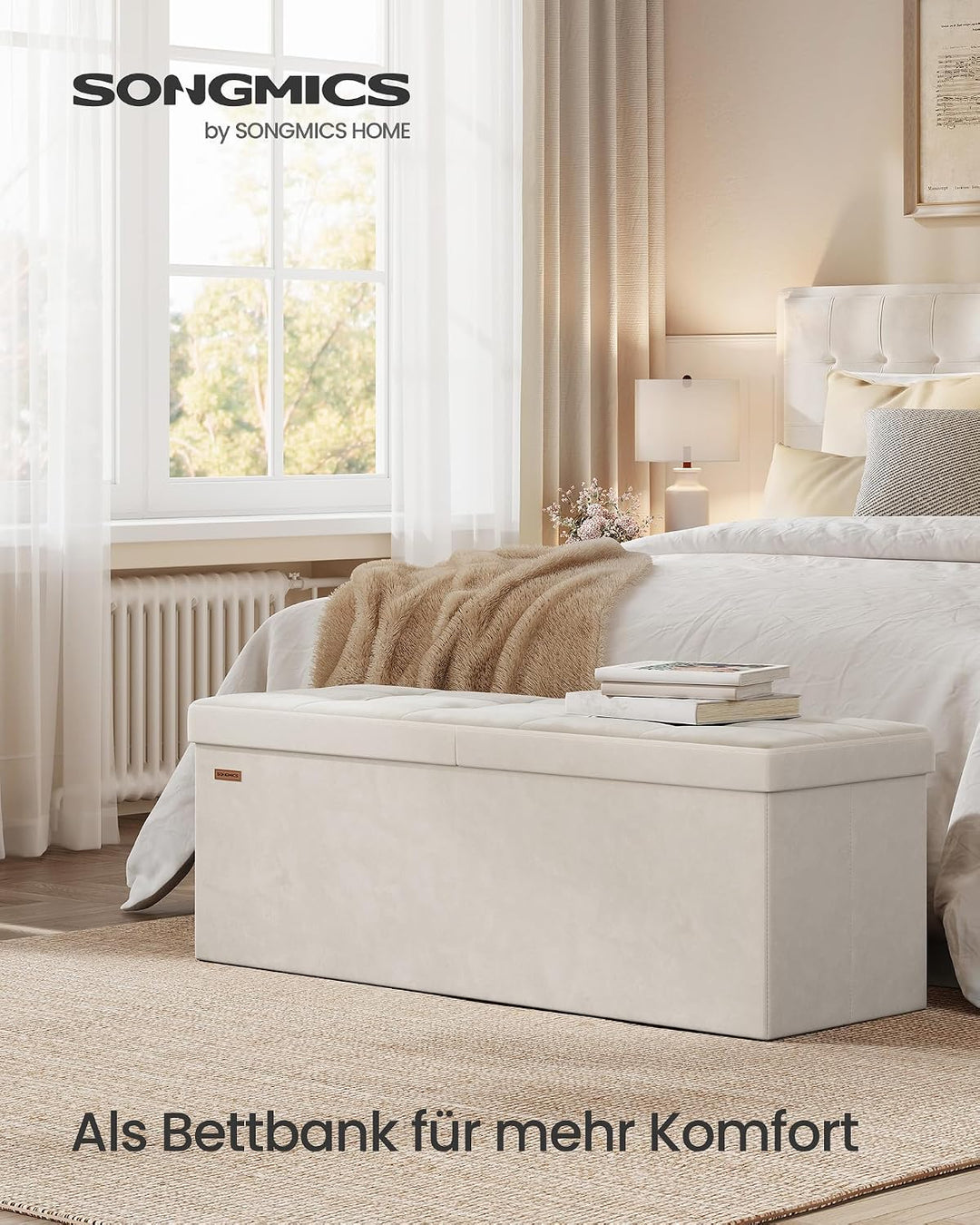 SONGMICS Sitzbank mit Stauraum, klappbare Sitztruhe, 38 x 110 x 38 cm | Aufbewahrungsbox, Deckel kla