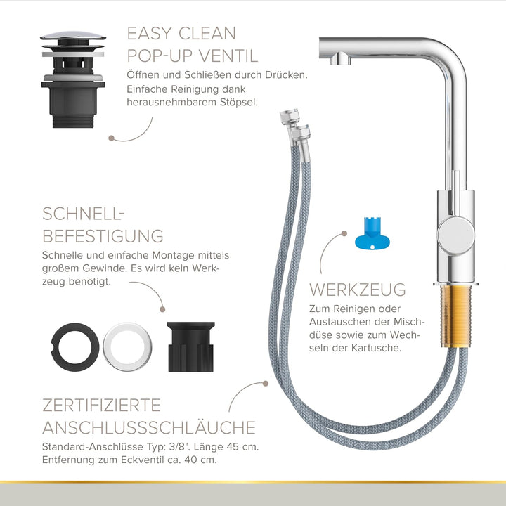 Lenz Badarmatur HOKU in Chrom – Hoher Auslauf mit 360° Schwenkfunktion | Waschtischarmatur mit Easy