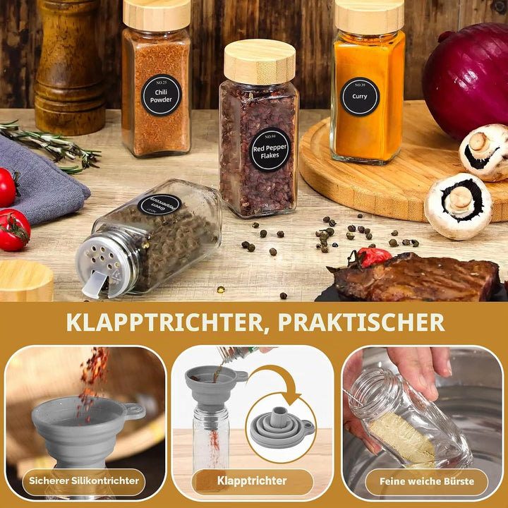 Gewürzgläser 24 Stück Set mit Gewürzetiketten,Quadratische 120 ml Gewürzdosen mit Trichter,Streueins