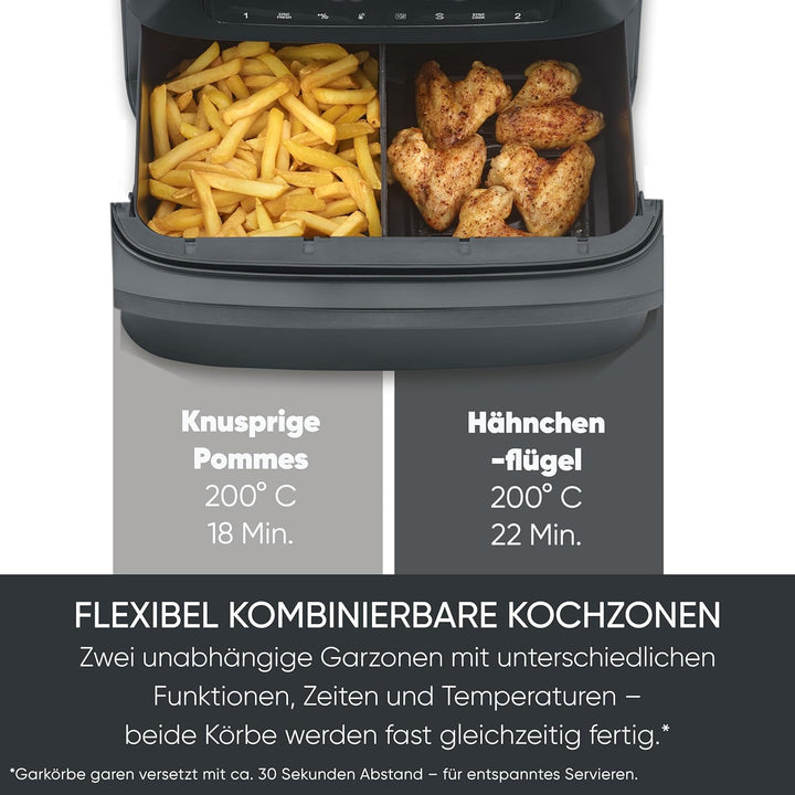 Severin Heissluftfritteuse Max Zone Flex, 9L oder 2x 4,5L, XXL Fritteuse, Kochen ohne Fett, 2 Garzon