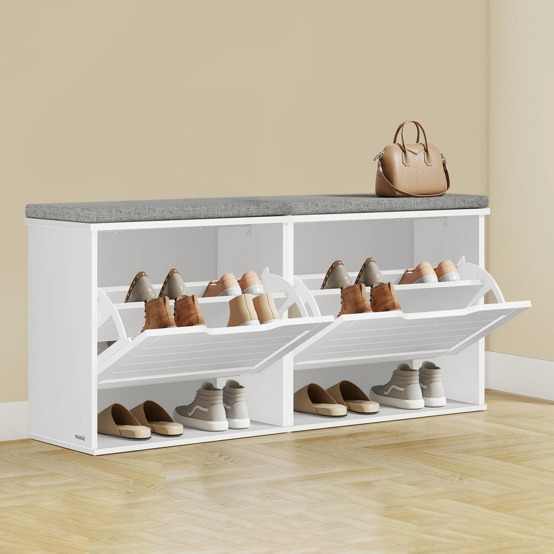 VASAGLE Schuhbank mit Sitzkissen, 2er Set, Sitzbank, jeder Schuhkipper für 6 Paar Schuhe, Klappfach