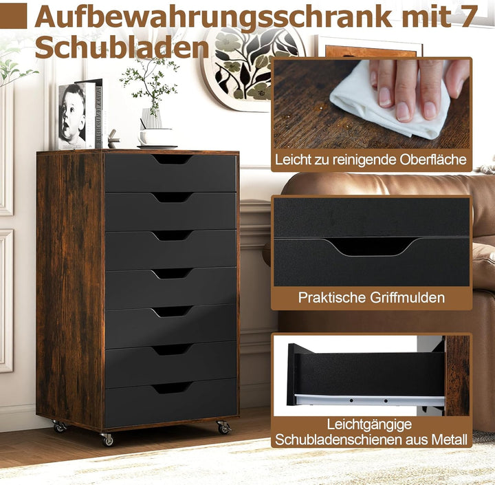 COSTWAY Rollcontainer mit 7 Schubladen, mobiler Aktenschrank mit Rädern, Bürocontainer Schubladensch