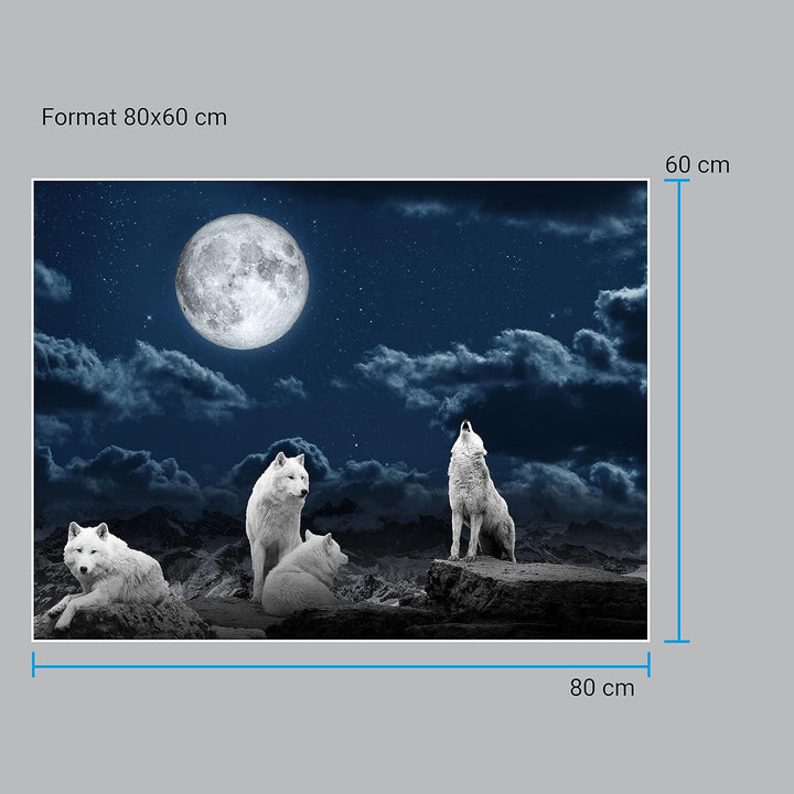 wandmotiv24 Poster als Wanddeko, Grösse 80x60cm, Wolfsrudel, Wolf, Gemälde, Mond, Wölfe, Felsen, Tie