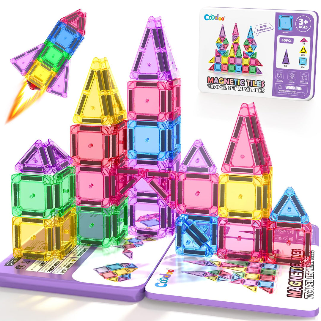 40 Magnetische Bausteine Mini Reise Set, Magnetspielzeug Kinder, Magnetische Platten Montessori Lern