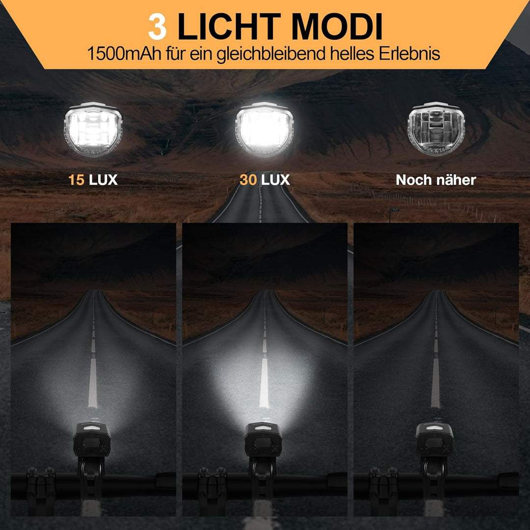 Fahrradlicht Set LED StVZO-30/15 LUX Fahrradbeleuchtung Set 360° Beleuchtung-IPX4 Wasserdicht mit US
