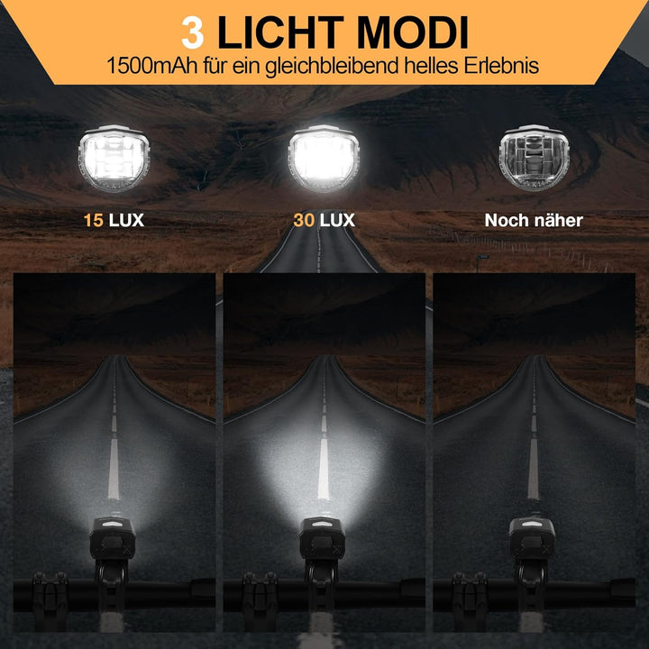 Fahrradlicht Set LED StVZO-30/15 LUX Fahrradbeleuchtung Set 360° Beleuchtung-IPX4 Wasserdicht mit US