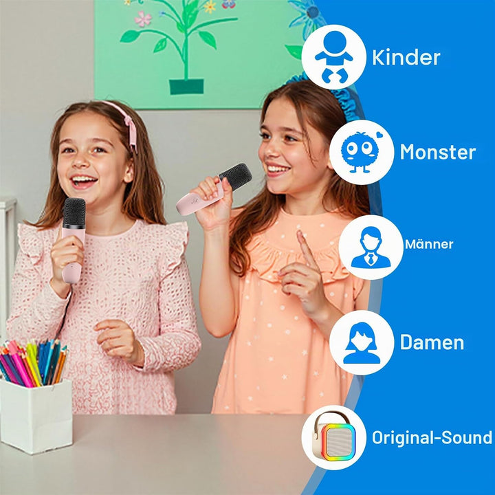 Mini Karaoke Maschine mit 2 Drahtlosen Mikrofonen, Karaoke Maschine Kinder, tragbarer Bluetooth-Laut