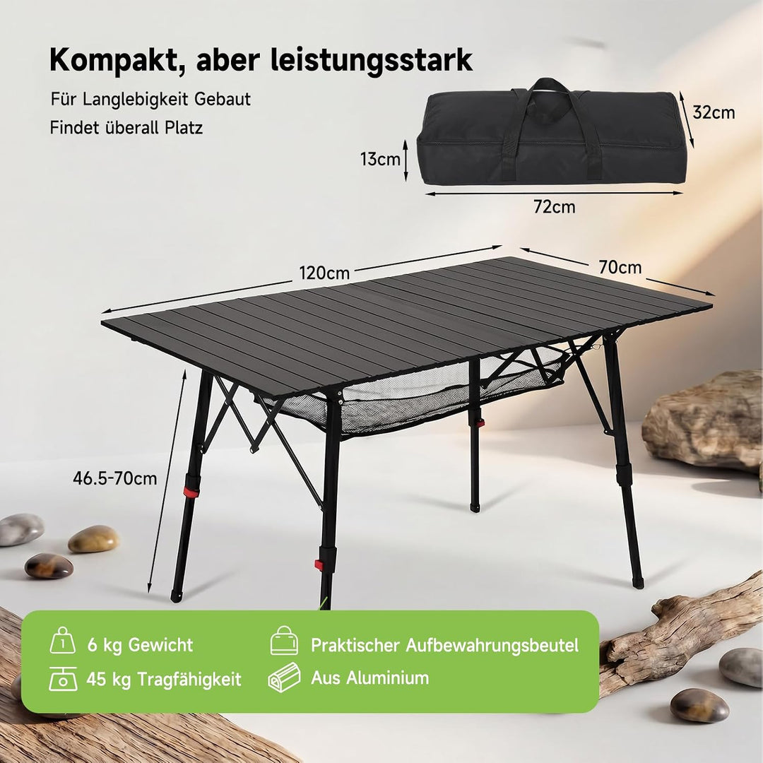 HAUSPROFI Campingtisch Klappbar Aluminium Höhenverstellbar 120x70cm | Falttisch mit Tragetasche &amp; Ne