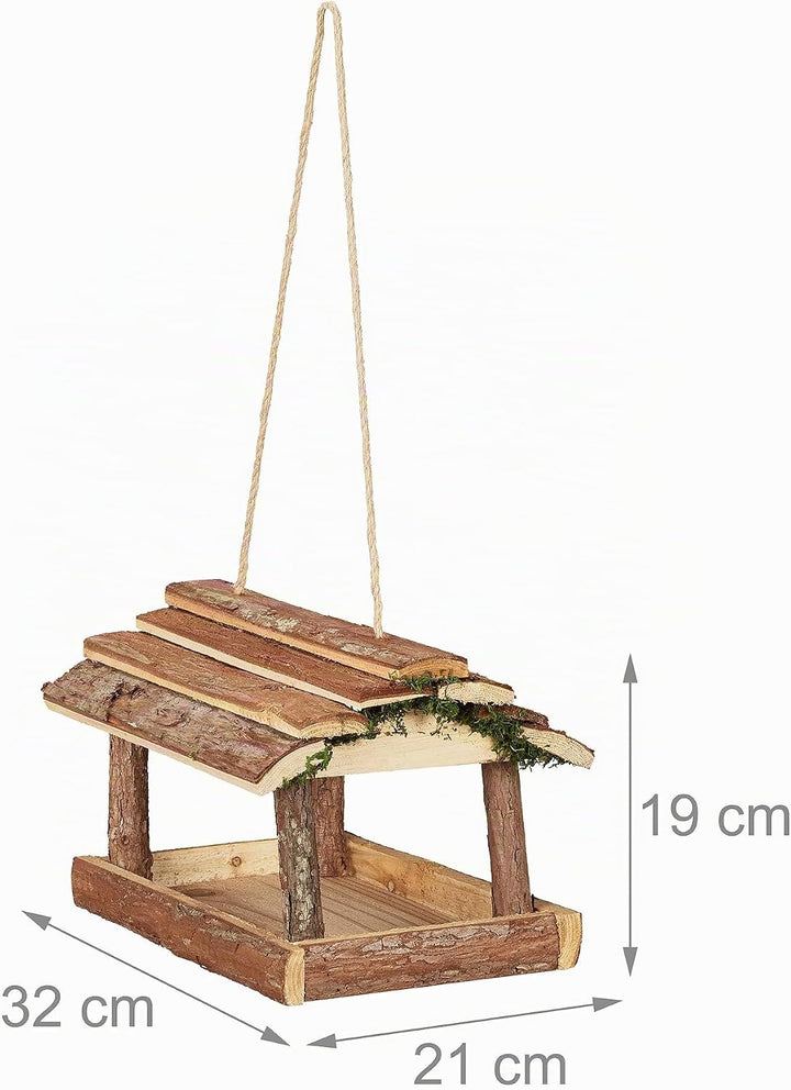 Relaxdays Vogelfutterhaus Holz, mit Rinde und Moos, zum Hängen, HBT: 19x21x23 cm, Futterspender Klei
