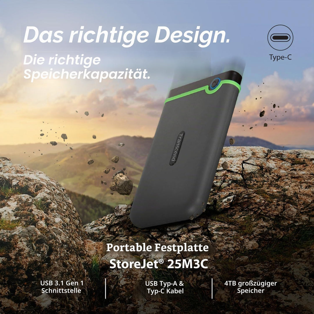 Transcend 2 TB USB Type-C Storejet 25M3C – 2, 5 Zoll Externe Festplatte Stossfest Typ C TS2TSJ25M3C,