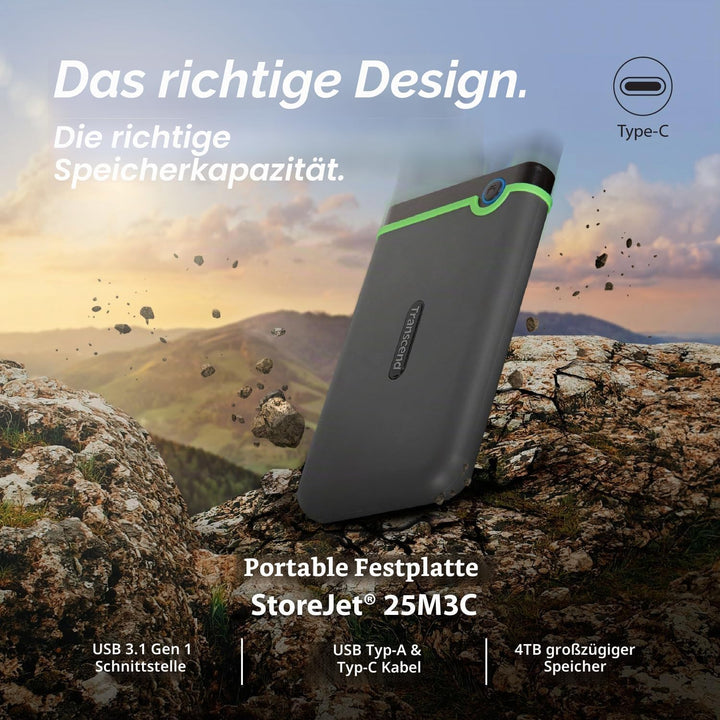 Transcend 2 TB USB Type-C Storejet 25M3C – 2, 5 Zoll Externe Festplatte Stossfest Typ C TS2TSJ25M3C,