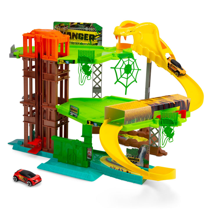 Dickie Toys - Auto-Rennbahn Jungle Garage (50x55x32 cm) inkl. Spielzeugauto aus Metall - Parkhaus au