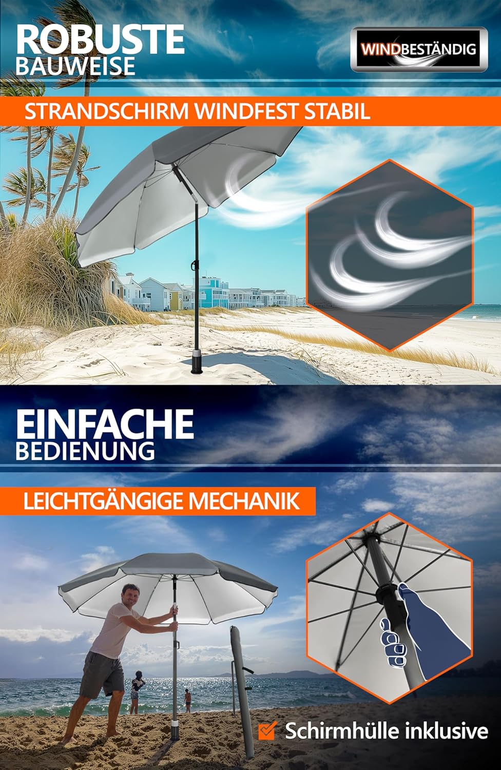 4smile Sonnenschirm Strand SunnyJoy Ø 160 cm, 3er Set - Strandschirm mit UV Schutz 50+, inkl. Sonnen