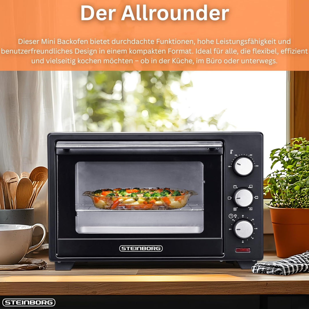 Mini Backofen 25 Liter | Pizza-Ofen | 3in1 Backofen | Minibackofen | Miniofen | Krümelblech | Ober-/