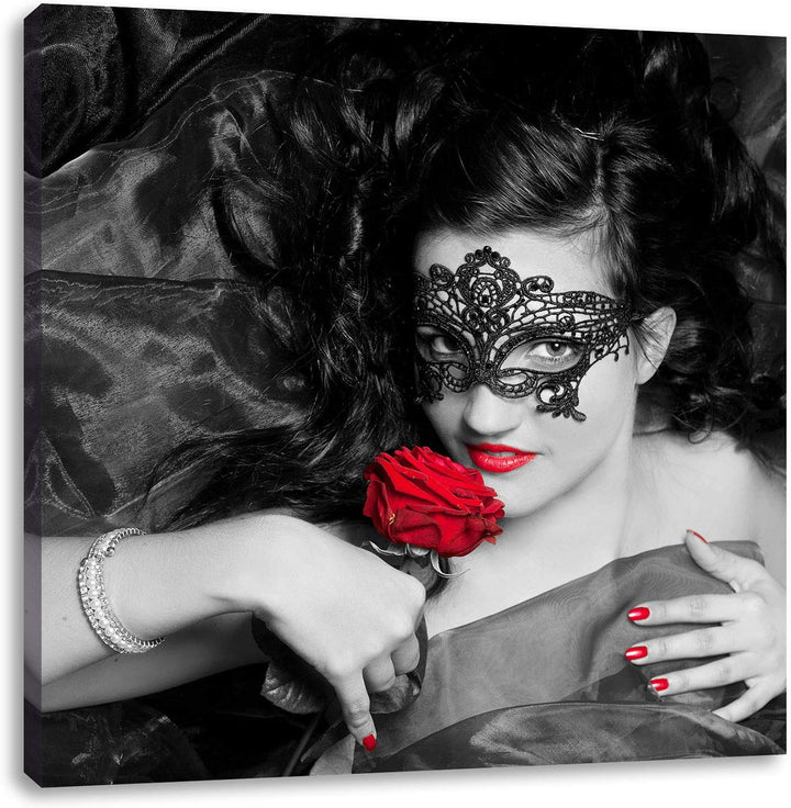 Pixxprint Maskierte Lady mit Rose als Leinwandbild/Grösse: 70x70 cm/Wandbild/Kunstdruck/fertig bespa