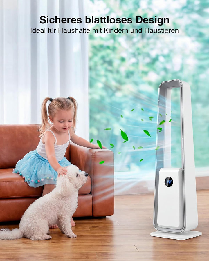 Leise Rotorloser Turmventilator mit Fernbedienung: 75° Oszillation Blattloser Ventilator 3 Modi & 12