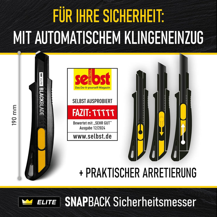 3x ELITE SNAPBACK Sicherheitsmesser Set inkl. 13x Ersatzklingen – Extrem langlebiges Universal-Cutte