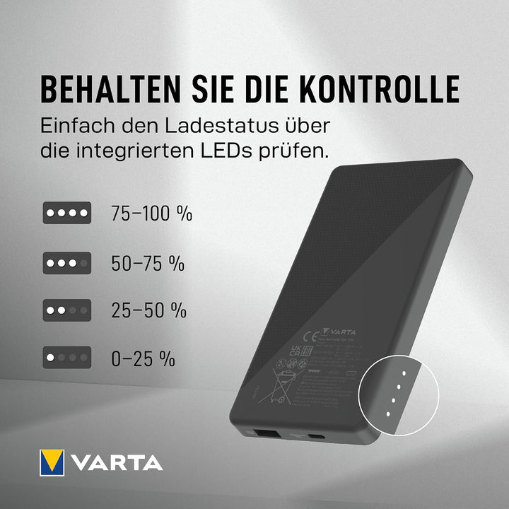 VARTA Power Bank 5000mAh, Powerbank Energy mit 2 Anschlüssen (1x USB C, 1x USB A), kompatibel mit Ta