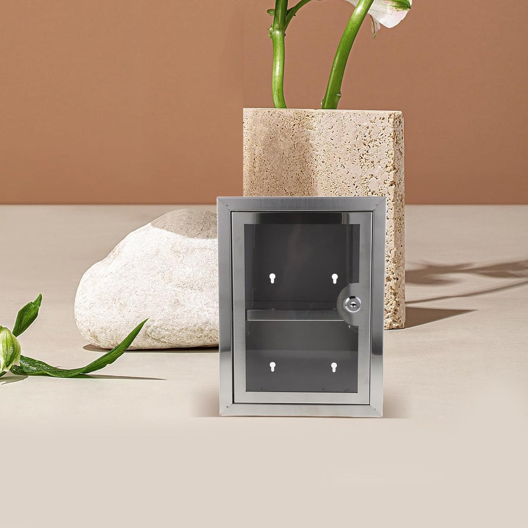 Abschliessbare Medikamentenbox aus Metall mit 2 Ablagen Transparente Tür Wandmontage Edelstahl für K