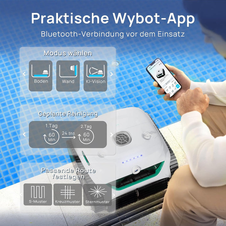 WYBOT C2 Vision Plus AI Kamera Kabelloser poolroboter, poolroboter akku Wand und Bode: Starke Saugkr