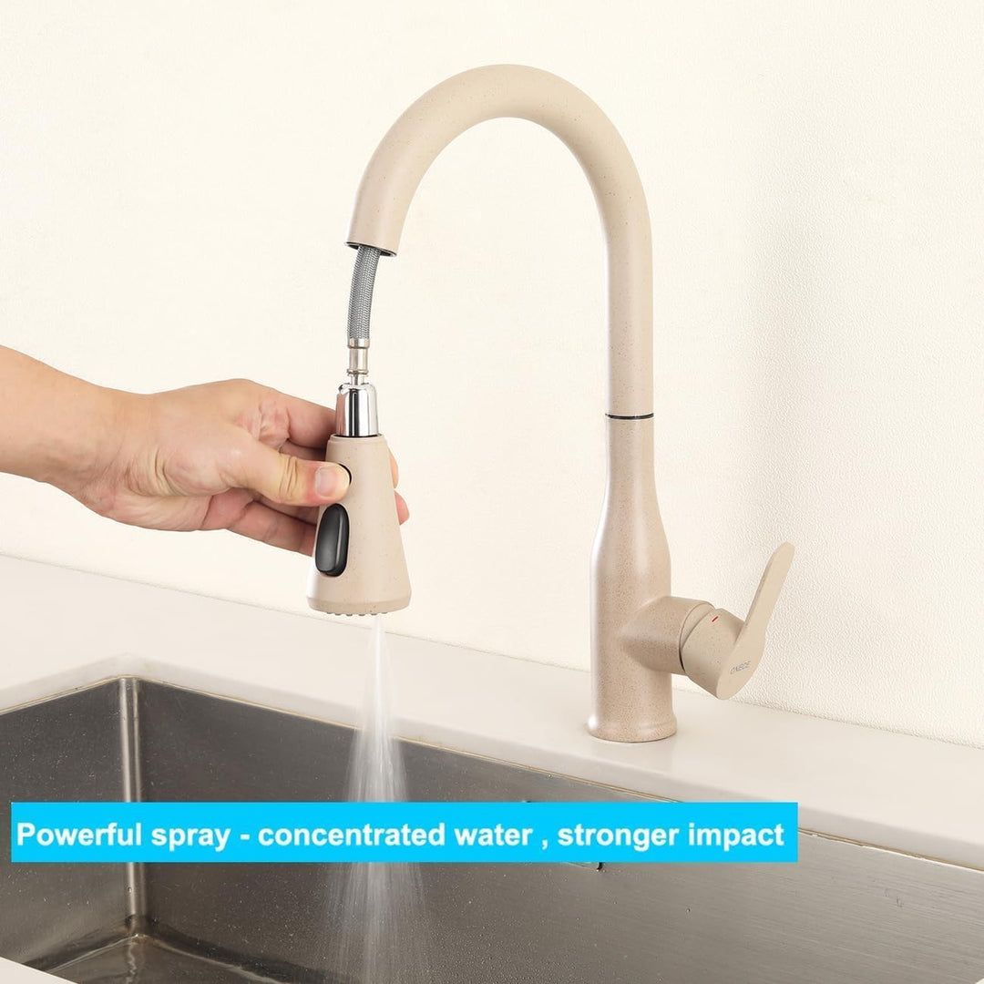 ONECE Küchenarmatur Weizenfarbe mit ausziehbar Brause 3 Duschmodi, Hochdruck Wasserhahn Küche Spülti