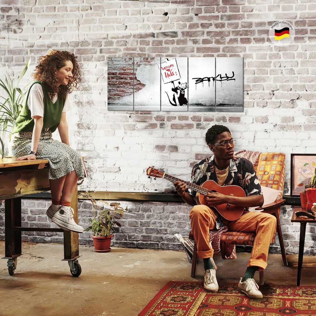 Runa Art Bild Banksy Graffiti Zitat Ratte mit Shild Wandbilder auf Vlies Leinwand 5 Teilig Wanddekor