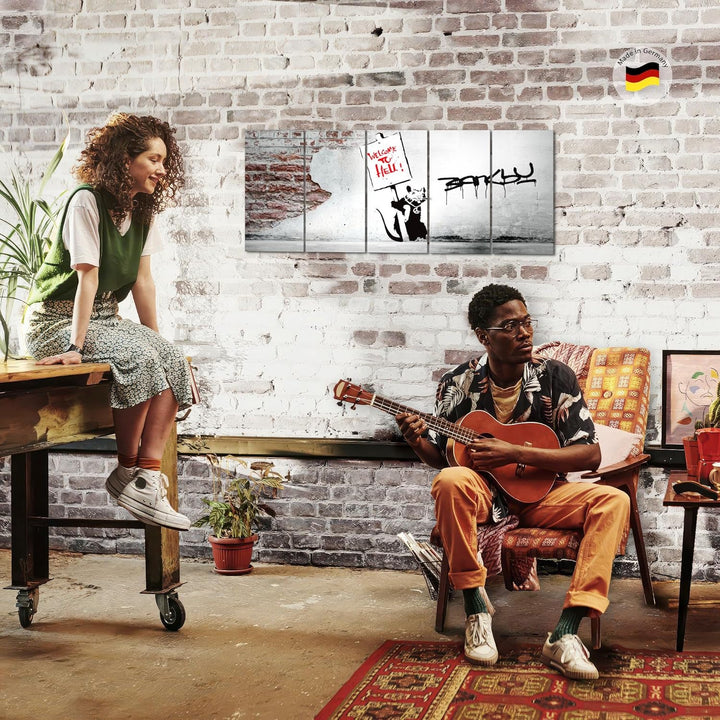 Runa Art Bild Banksy Graffiti Zitat Ratte mit Shild Wandbilder auf Vlies Leinwand 5 Teilig Wanddekor
