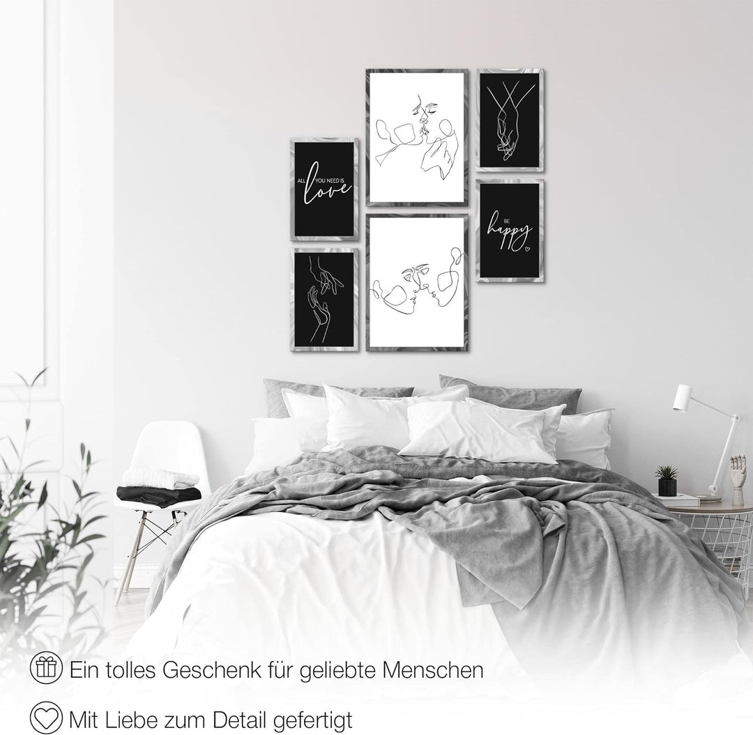 Novart Bilder Set - AUFHÄNGFERTIG - KEIN EXTRA RAHMEN BENÖTIGT - Be Happy Abstrakt Modern Schwarz We