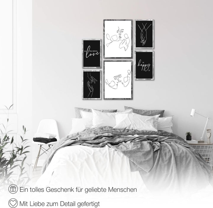 Novart Bilder Set - AUFHÄNGFERTIG - KEIN EXTRA RAHMEN BENÖTIGT - Be Happy Abstrakt Modern Schwarz We