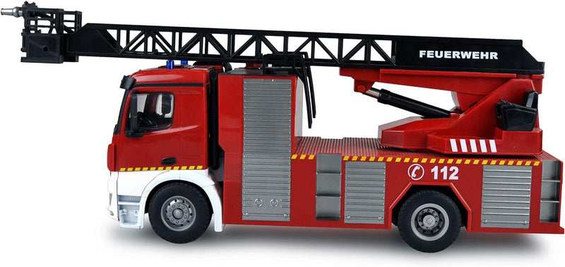 Amewi 22502 Mercedes-Benz Feuerwehr Drehleiterfahrzeug 1:18, RTR, Lizenzfahrzeug, Rot/Weiss