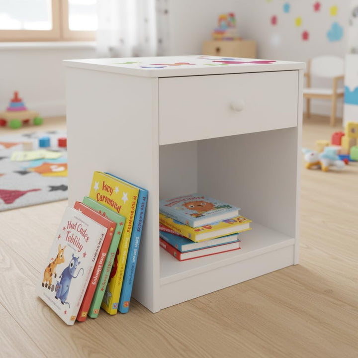 Leomark Nachttisch aus Holz - Schmetterlinge - Nachtschränkchen mit Schublade, Nachtschrank für Kind