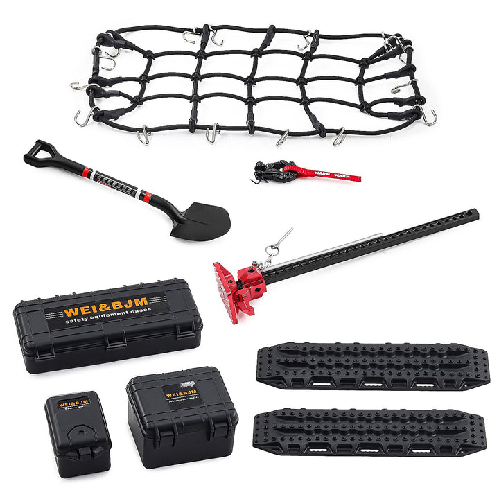 RC Crawler Zubehör, 1/10 Truck Dachträger Rc Zubehör Set 9 in 1 Tankaufbewahrungsbox, Gepäcknetz, Sc