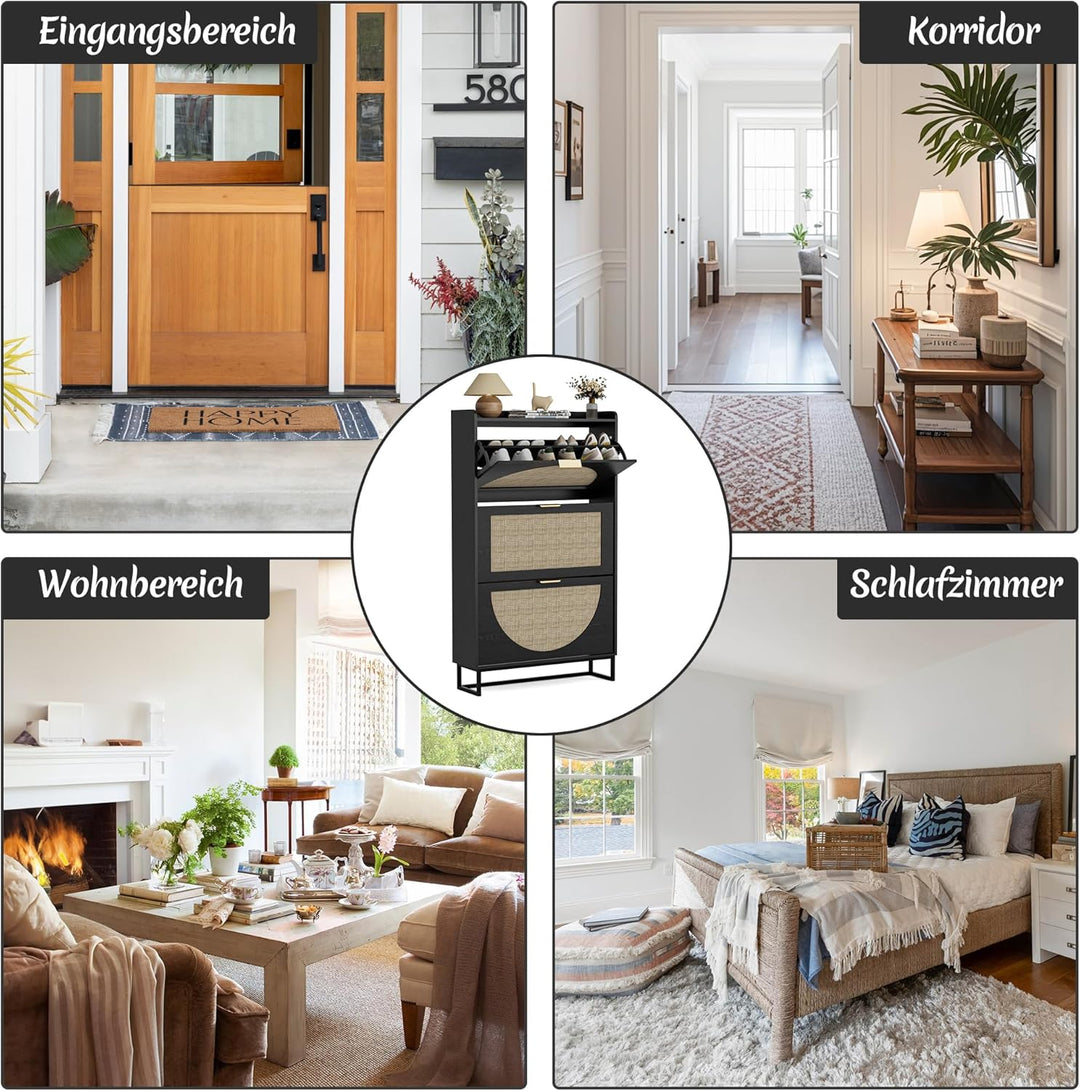 BonVache Schuhkommode mit 3 Klappfächern, Grosser Rattan Schuhschrank Schmal Holz, Schuhaufbewahrung