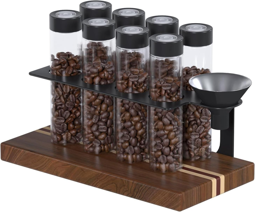 8 Tuben Kaffeebohnen Behälter, Walnuss Einzeldosis kaffeedose mit Ständer und Trichter, Espressobohn