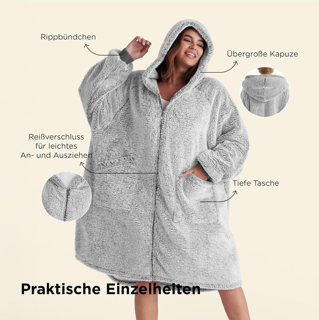 BEDSURE Hoodie Decke mit Ärmeln - Sherpa Deckenpullover mit Reissverschluss und Kapuze Grau, Tragbar