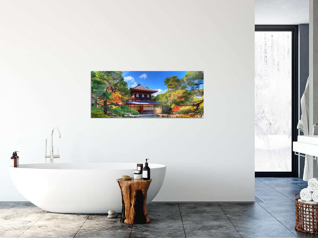 Glasbild Panorama | Wandbild aus Echtglas | Ginkaku-ji-Tempel in Kyoto | 120x50 cm | inkl. Aufhängun