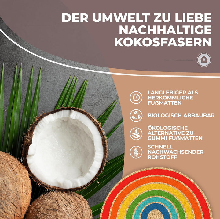 Fussmatte Kokos 70x40cm Regenbogen I Extra langlebige & rutschfeste Kokosmatte für Innen & Überdacht