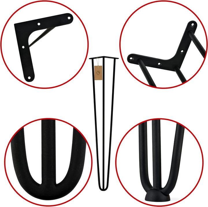 MORIA DESIGN 4 x Hairpin Legs (fi 10 mm) 71 cm schwarz, Metall,  3 Streben -Tischbeine - Tischgestel