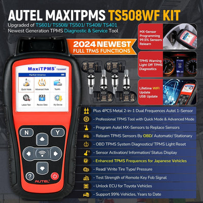 Autel MaxiTPMS TS508WF KIT mit 4 2-IN-1 Metall MX-Sensoren [Wert €120], 2024 WiFi TPMS Programmierun