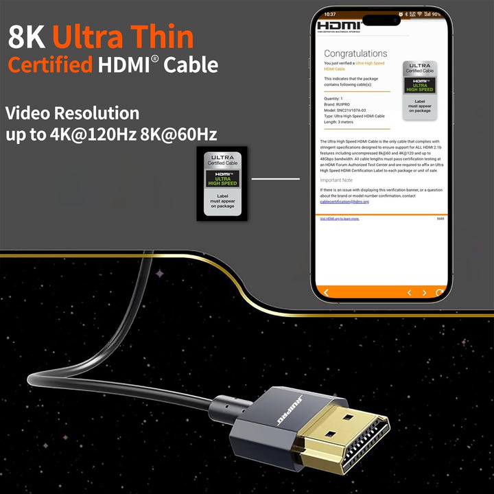 RUIPRO Zertifiziertes kurzes HDMI-Kabel, ultradünnes 8K HDMI 2.1-Kabel, 91 cm, 2 Stück, Ultra High S