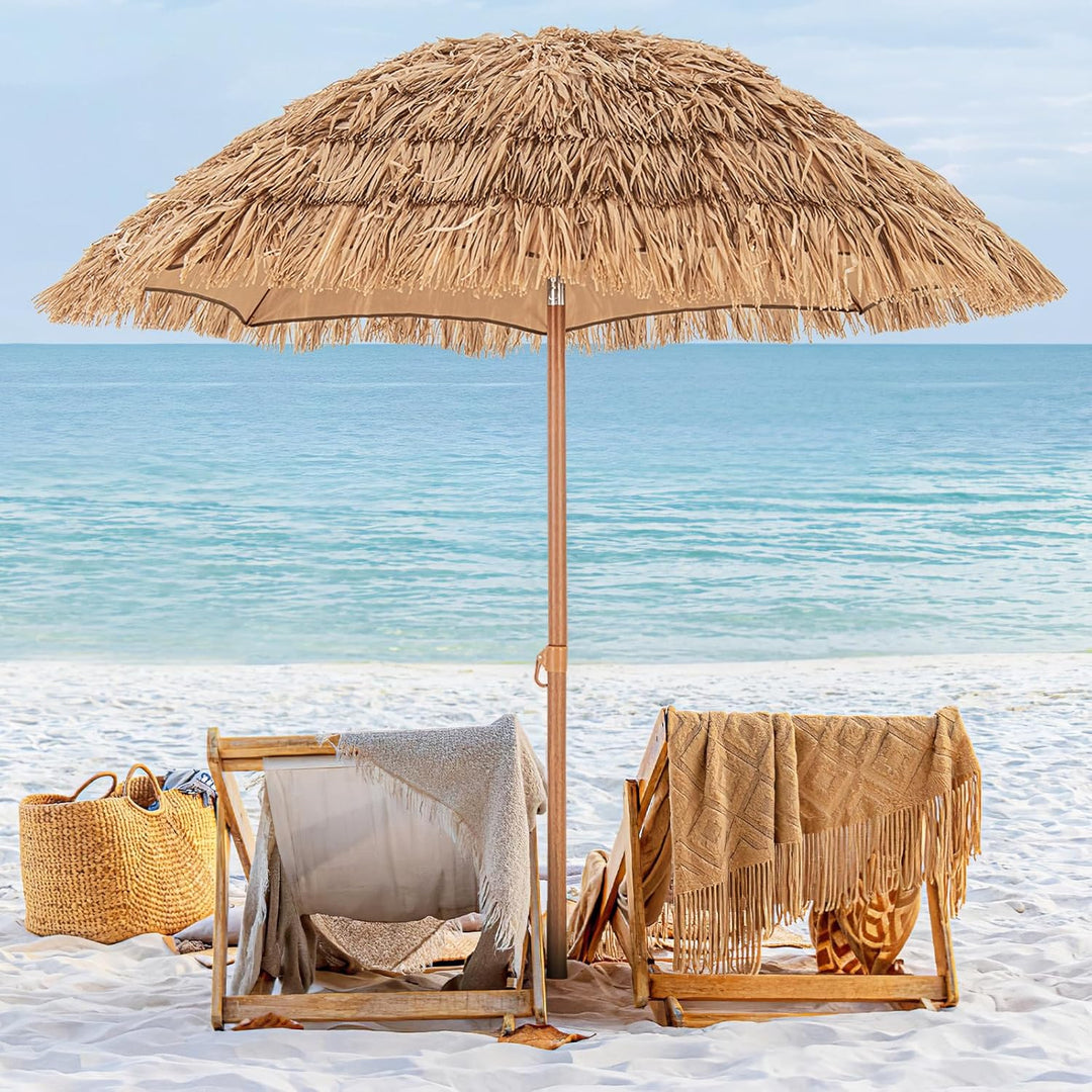 GOPLUS Sonnenschirm Hawaii, Ø 175 cm Strohschirm mit Ständer, Strandschirm Stroh um 30° knickbar, Te