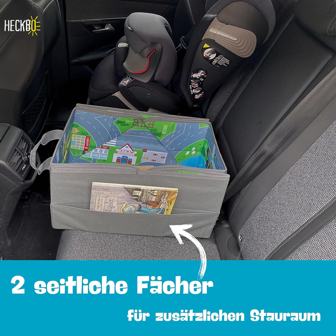 HECKBO - 4-in-1 Auto Organizer und Spielteppich | Kinder Spielzeug-Aufbewahrungsbox | Faltbare Spiel