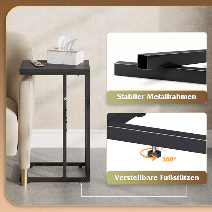 WLIVE Beistelltisch C Form Kleiner Sofatisch，Kaffeetisch mit Metallgestell，Tischplatte aus Holz，Couc
