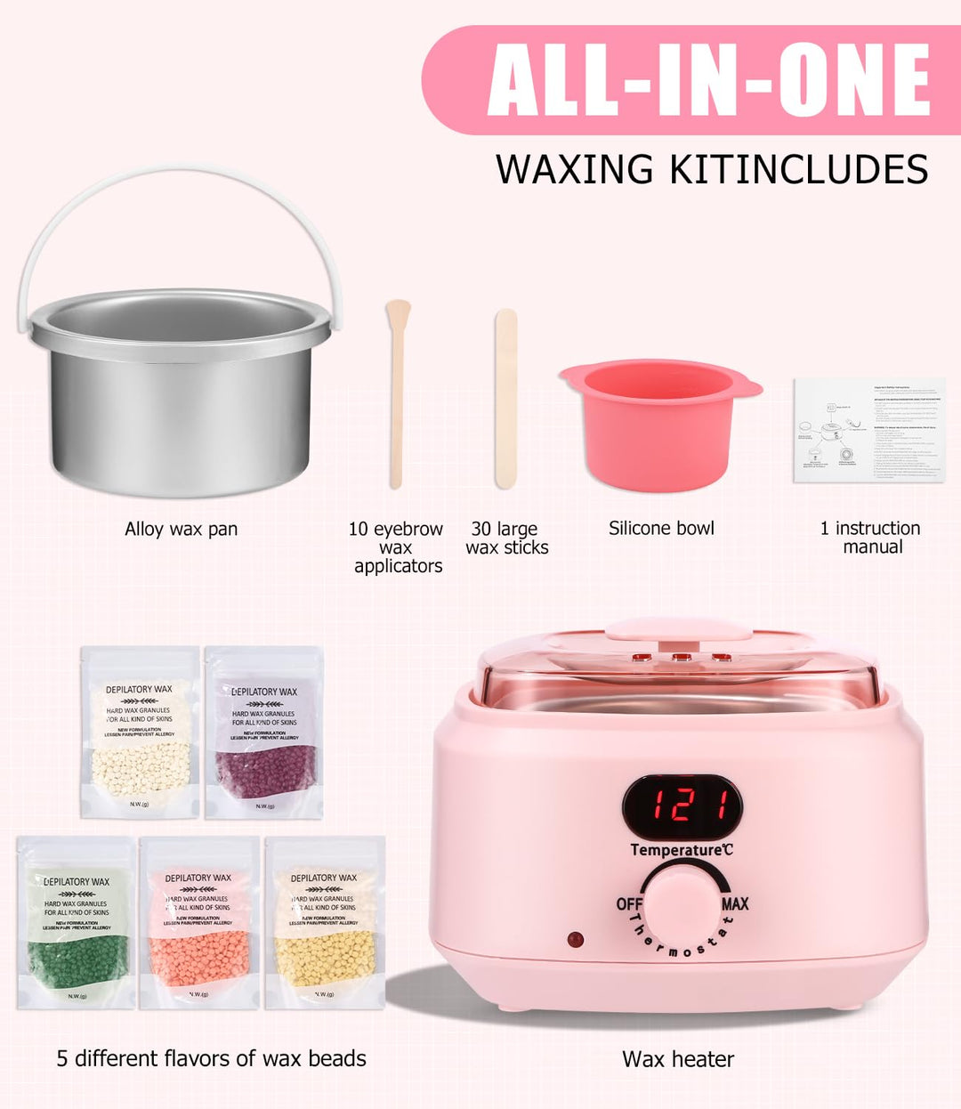 Wax Maschine Waxing Set Frauen,Wachs haarentfernung,Wachswärmermit 5 Packungen Waxing Perlen, 1 Sili