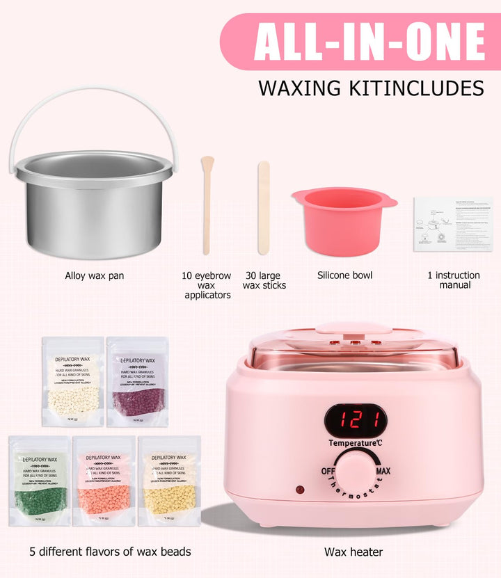 Wax Maschine Waxing Set Frauen,Wachs haarentfernung,Wachswärmermit 5 Packungen Waxing Perlen, 1 Sili