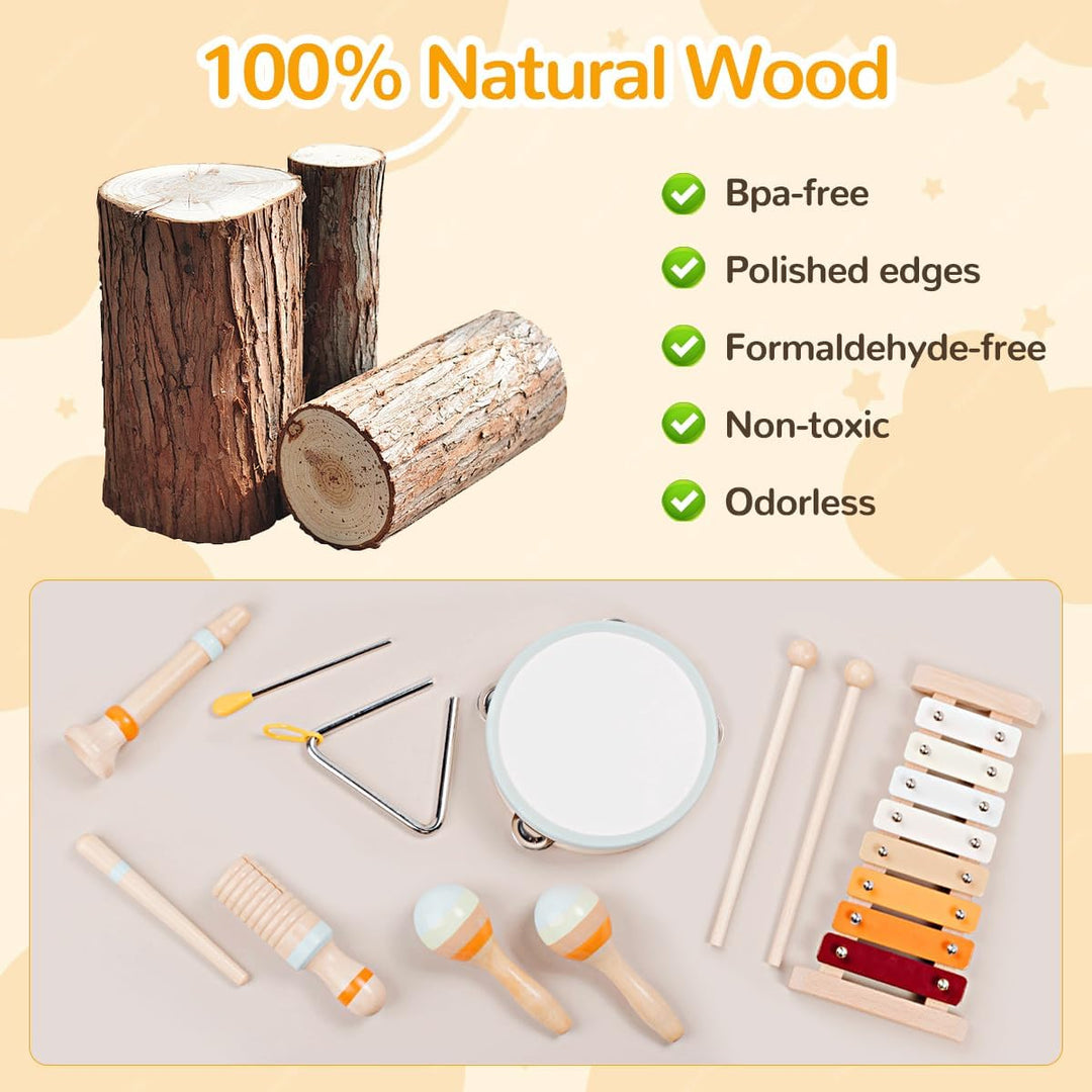8-in-1 Montessori Musikinstrumente Kinder ab 1 Jahr, Holzspielzeug mit Xylophon, Trommel, Triangel,