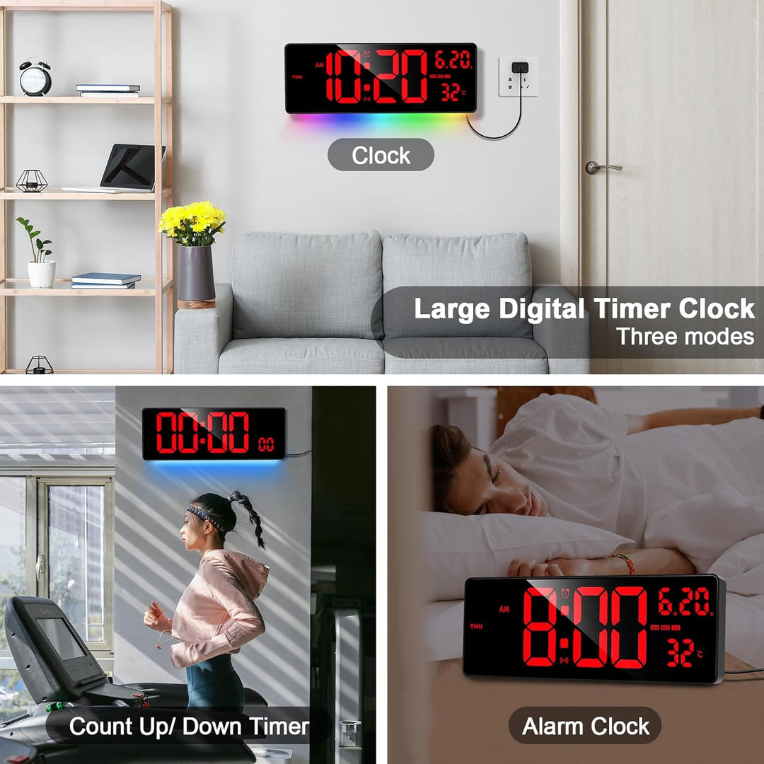 XREXS 16,5'' Grosse Digitale Wanduhr, automatische Zeitkalibrierung, rotes Digitaldisplay mit bunter